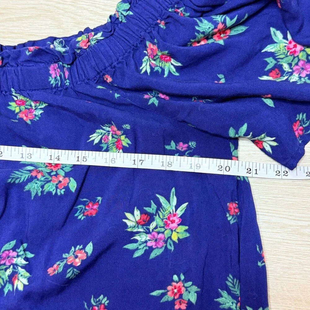Peyton & Parker Casual Dress Size L Short Sleeve Gathered Neck Royal Blue Floral